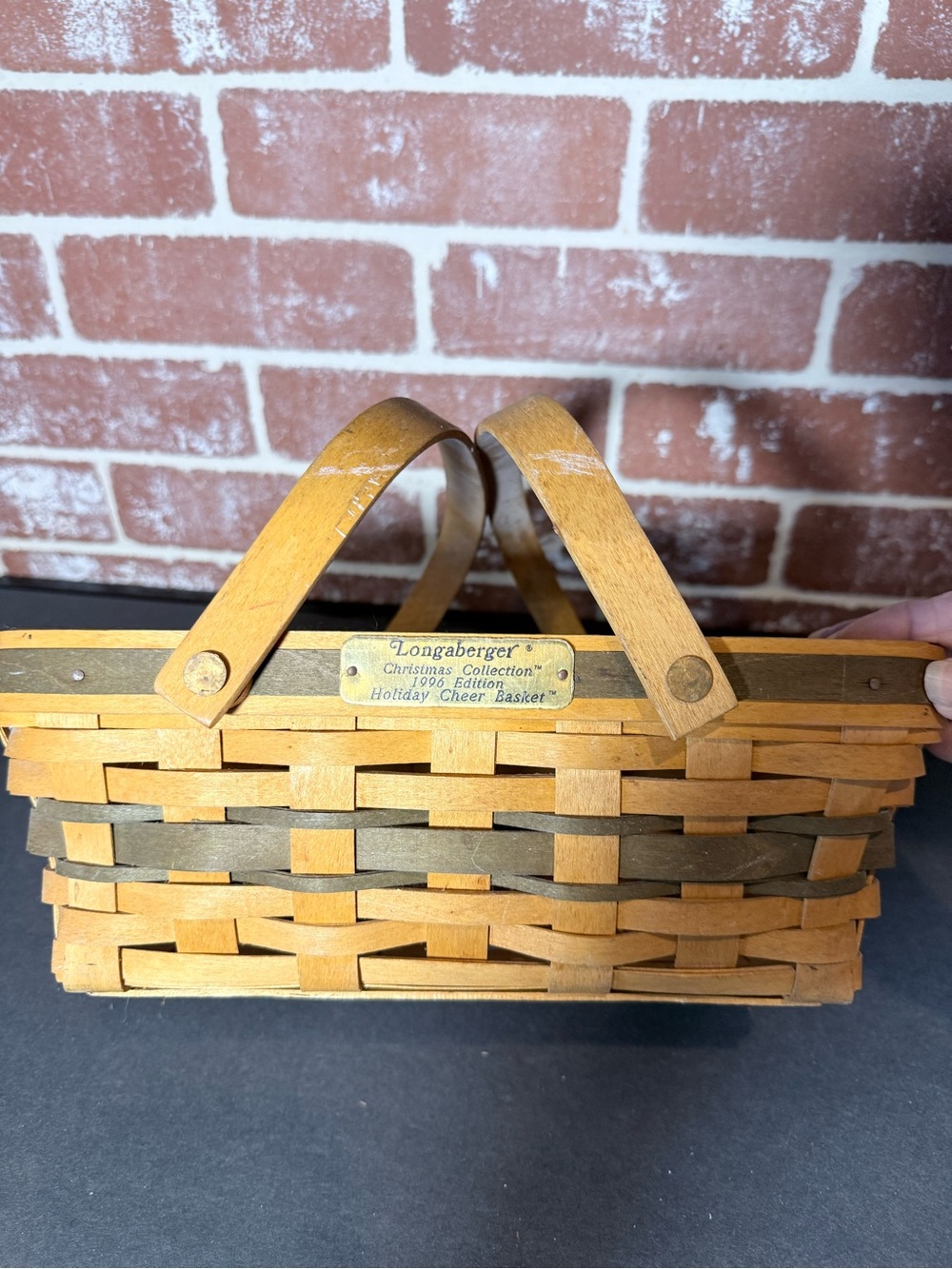 Longaberger Natural and Olive Green Woven Basket with Double Handles - VTG